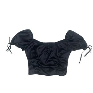 Forever 21 Bustier Lace Trim Puff Sleeve Cropped Bow Tie Detail Satin Shirt Top